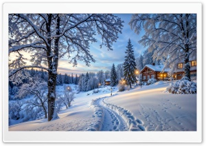 Mountain Cabin Winter Landscape 4K UHD Wallpaper for Widescreen and UltraWide Desktop, UltraHD TV, Smartphone, Tablet