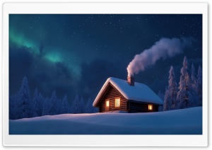 Mountain Cabin, Winter Landscape, Night 4K UHD Wallpaper for Widescreen and UltraWide Desktop, UltraHD TV, Smartphone, Tablet