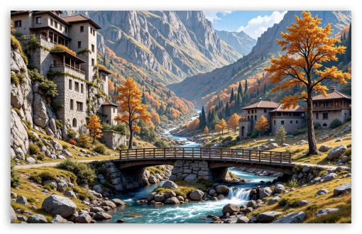 Mountain Landscape by Autumn Illustration UltraHD Wallpaper for UHD 16:9 ; HD 16:9 ; UltraWide 21:9 24:10 ; Widescreen 16:10 5:3 ; Fullscreen 4:3 5:4 3:2 ; Tablet 1:1 ; Mobile 9:16 9:19.5 9:20 9:21 10:16 2:3 3:5 3:4 ;