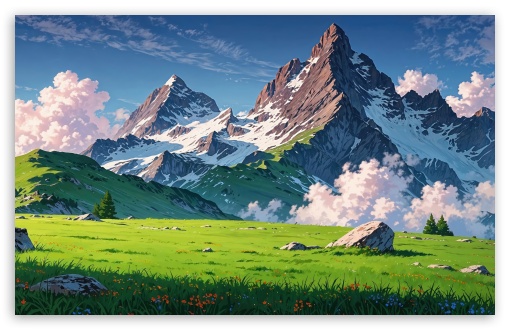 Mountain Landscape Illustration, Green Grass, Clouds UltraHD Wallpaper for UHD 16:9 ; HD 16:9 ; UltraWide 21:9 24:10 32:9 32:10 ; Widescreen 16:10 5:3 ; Fullscreen 4:3 5:4 3:2 ; Tablet 1:1 ; Mobile 9:16 9:19.5 9:20 10:16 2:3 3:5 3:4 ; Dual 16:10 5:3 16:9 4:3 5:4 3:2 ;