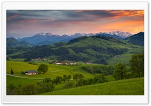 Mountain Landscape, Sunset, Trees, Grasslands 4K UHD Wallpaper for Widescreen and UltraWide Desktop, UltraHD TV, Smartphone, Tablet