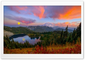 Mountain, Sunset, Moon, Lake, Wilderness 4K UHD Wallpaper for Widescreen and UltraWide Desktop, UltraHD TV, Smartphone, Tablet