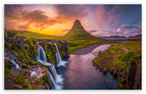 Mountain, Waterfall, Nature, Golden Sky, Landscape UltraHD Wallpaper for UHD 16:9 ; HD 16:9 ; UltraWide 21:9 24:10 32:9 32:10 ; Widescreen 16:10 5:3 ; Fullscreen 4:3 5:4 3:2 ; Tablet 1:1 ; Mobile 9:16 9:19.5 9:20 9:21 9:22 10:16 2:3 3:5 3:4 ; Dual 16:10 5:3 16:9 4:3 5:4 3:2 ;