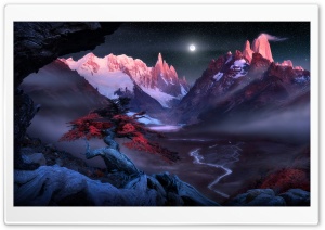 Mountains, Valley, Night, Mist, Red Tree, Landscape, Scenic View, Mystical 4K UHD Wallpaper for Widescreen and UltraWide Desktop, UltraHD TV, Smartphone, Tablet