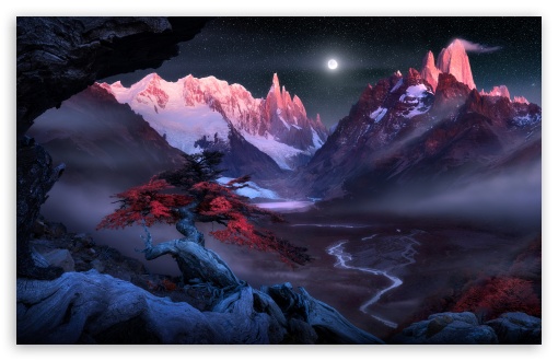 Mountains, Valley, Night, Mist, Red Tree, Landscape, Scenic View, Mystical UltraHD Wallpaper for UHD 16:9 ; HD 16:9 ; UltraWide 21:9 24:10 ; Widescreen 16:10 5:3 ; Fullscreen 4:3 5:4 3:2 ; Tablet 1:1 ;