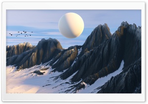 Mountains, Winter, Planet, Flying Birds, 3D Landscape 4K UHD Wallpaper for Widescreen and UltraWide Desktop, UltraHD TV, Smartphone, Tablet