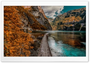 Mountains, Wooden Dock, Lake, Autumn Ultra HD Wallpaper for 4K UHD Widescreen desktop, tablet & smartphone