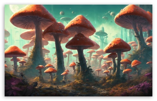 Mushroom Planet Art UltraHD Wallpaper for UHD 16:9 ; HD 16:9 ; UltraWide 21:9 24:10 ; Widescreen 16:10 5:3 ; Fullscreen 4:3 5:4 3:2 ; Tablet 1:1 ;