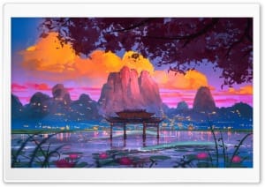 Mystical Asian Pagoda Lake Sunset Painting Art 4K UHD Wallpaper for Widescreen and UltraWide Desktop, UltraHD TV, Smartphone, Tablet