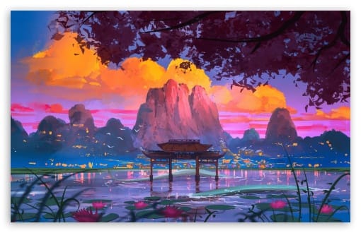 Mystical Asian Pagoda Lake Sunset Painting Art UltraHD Wallpaper for UHD 16:9 ; HD 16:9 ; UltraWide 21:9 24:10 ; Widescreen 16:10 ; Tablet 1:1 ; Mobile 9:16 9:19.5 9:20 ;