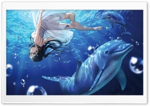 Nagisa Kantoku Anime Girl Swimming with Dolphins 4K UHD Wallpaper for Widescreen and UltraWide Desktop, UltraHD TV, Smartphone, Tablet