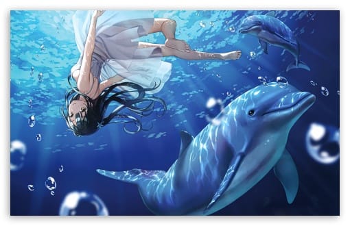 Nagisa Kantoku Anime Girl Swimming with Dolphins UltraHD Wallpaper for UHD 16:9 ; HD 16:9 ; UltraWide 21:9 24:10 ; Widescreen 16:10 ;