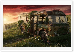 Nature Reclaims Rusty Bus Covered in Plants 4K UHD Wallpaper for Widescreen and UltraWide Desktop, UltraHD TV, Smartphone, Tablet