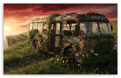 Nature Reclaims Rusty Bus Covered in Plants UltraHD Wallpaper for UHD 16:9 ; HD 16:9 ; UltraWide 21:9 24:10 ; Widescreen 16:10 5:3 ; Fullscreen 4:3 5:4 3:2 ; Dual 4:3 5:4 ;