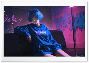 Neko Anime Girl with Blue Hair Resting on the Couch 4K UHD Wallpaper for Widescreen and UltraWide Desktop, UltraHD TV, Smartphone, Tablet