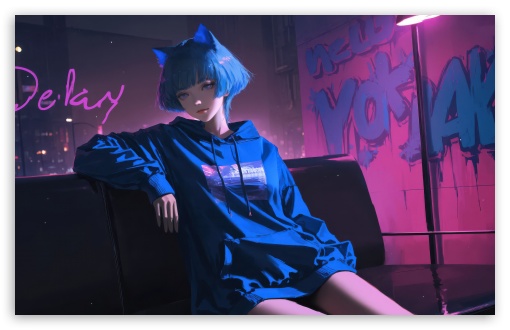 Neko Anime Girl with Blue Hair Resting on the Couch UltraHD Wallpaper for UHD 16:9 ; HD 16:9 ; UltraWide 21:9 24:10 ; Widescreen 16:10 5:3 ; Fullscreen 4:3 5:4 3:2 ; Tablet 1:1 ; Mobile 9:16 9:19.5 9:20 10:16 2:3 3:5 3:4 ;