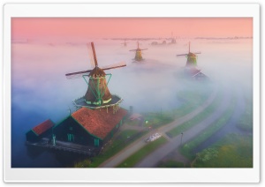 Netherlands Famous Windmills Landscape Mist Ultra HD Wallpaper for 4K UHD Widescreen desktop, tablet & smartphone