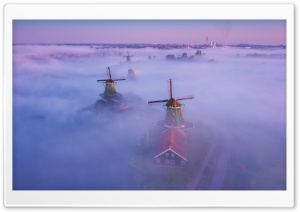 Netherlands Traditional Windmills Fog Ultra HD Wallpaper for 4K UHD Widescreen desktop, tablet & smartphone