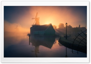 Netherlands Zaanse Schans Windmill Foggy Morning Ultra HD Wallpaper for 4K UHD Widescreen desktop, tablet & smartphone