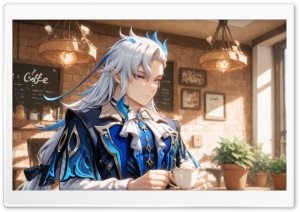 Neuvillette in a Coffee Shop - Genshin Impact 4K UHD Wallpaper for Widescreen and UltraWide Desktop, UltraHD TV, Smartphone, Tablet