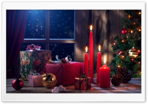 New Year Gifts, Christmas Tree, Red Candles, Cones, Balls Ultra HD Wallpaper for 4K UHD Widescreen desktop, tablet & smartphone