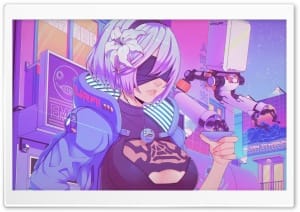 Nier Automata 2B Cyberpunk Neon Aesthetic Fan Art 4K UHD Wallpaper for Widescreen and UltraWide Desktop, UltraHD TV, Smartphone, Tablet
