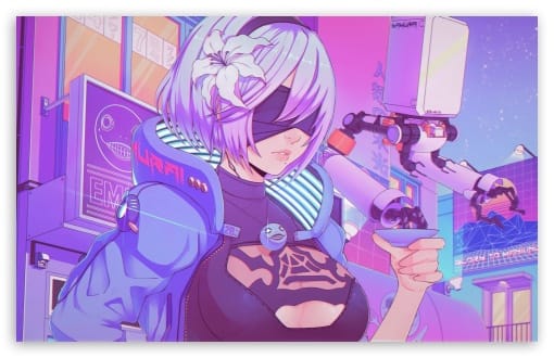 Nier Automata 2B Cyberpunk Neon Aesthetic Fan Art UltraHD Wallpaper for UHD 16:9 ; HD 16:9 ; UltraWide 21:9 24:10 32:9 32:10 ; Widescreen 16:10 ; Tablet 1:1 ; Mobile 9:16 9:19.5 9:20 ; Dual 16:10 16:9 ;
