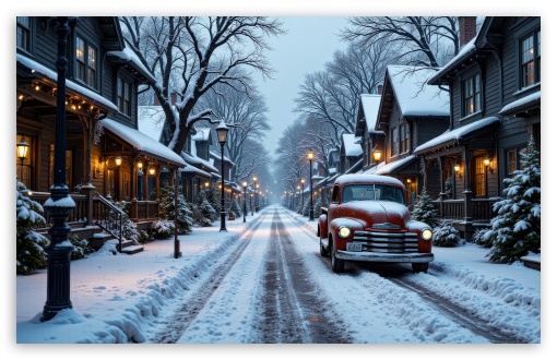 Nostalgic Winter Scene in a Village Street UltraHD Wallpaper for UHD 16:9 ; HD 16:9 ; UltraWide 21:9 24:10 ; Widescreen 16:10 5:3 ; Fullscreen 4:3 5:4 3:2 ; Tablet 1:1 ; Mobile 9:16 9:19.5 9:20 10:16 2:3 3:5 3:4 ;