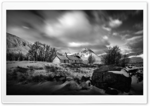 Old Cottage, Winter, Black and White Landscape Ultra HD Wallpaper for 4K UHD Widescreen desktop, tablet & smartphone