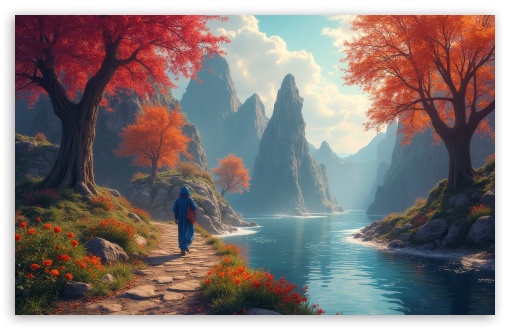 Orange Trees, River, Autumn Scene Digital Art UltraHD Wallpaper for UHD 16:9 ; HD 16:9 ; UltraWide 21:9 24:10 ; Widescreen 16:10 5:3 ; Fullscreen 4:3 5:4 3:2 ; Tablet 1:1 ; Mobile 9:16 9:19.5 9:20 9:21 10:16 2:3 3:5 3:4 ;