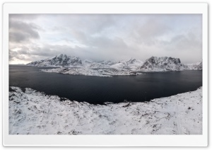 Panoramic View of Snowy Bay Lofoten Norway 4K UHD Wallpaper for Widescreen and UltraWide Desktop, UltraHD TV, Smartphone, Tablet