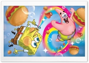 Patrick SpongeBob Blowing Rainbow Bubbles Flying Krabby Patties 4K UHD Wallpaper for Widescreen and UltraWide Desktop, UltraHD TV, Smartphone, Tablet