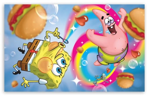 Patrick SpongeBob Blowing Rainbow Bubbles Flying Krabby Patties UltraHD Wallpaper for UHD 16:9 ; HD 16:9 ; UltraWide 21:9 24:10 ; Widescreen 16:10 ; Tablet 1:1 ;