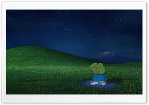 Pepe the Frog Meditating on a Grassy Hill under a Starry Sky 4K UHD Wallpaper for Widescreen and UltraWide Desktop, UltraHD TV, Smartphone, Tablet