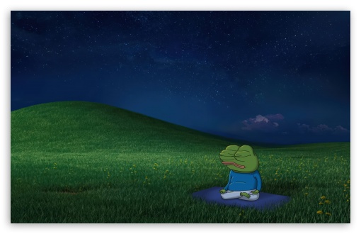 Pepe the Frog Meditating on a Grassy Hill under a Starry Sky UltraHD Wallpaper for UHD 16:9 ; HD 16:9 ; UltraWide 21:9 24:10 32:9 32:10 ; Widescreen 16:10 ; Tablet 1:1 ; Mobile 9:16 9:19.5 9:20 ; Dual 16:10 16:9 ;