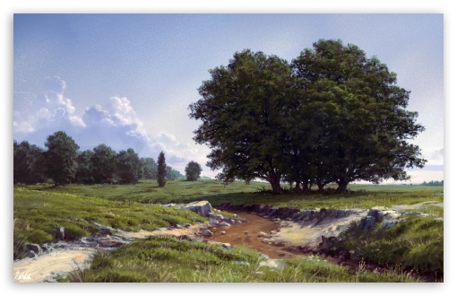 Picturesque Landscape, Trees, Creek, Pathway, Drawing UltraHD Wallpaper for UHD 16:9 ; HD 16:9 ; Widescreen 16:10 5:3 ;