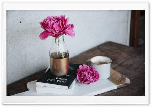 Pink Peony Flower, Books, Coffee Mug, Wooden Table Ultra HD Wallpaper for 4K UHD Widescreen desktop, tablet & smartphone