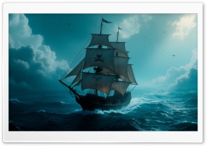 Pirate Ship, Sailing Vessel, Ocean Waves, Old Ship, Vintage Ship, Sea Adventure, Dark Seas 4K UHD Wallpaper for Widescreen and UltraWide Desktop, UltraHD TV, Smartphone, Tablet