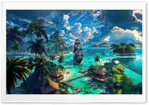 Pirate Ship, Tropical Paradise Artwork Ultra HD Wallpaper for 4K UHD Widescreen Desktop, Lockscreen, Screensaver, TV, Tablet, Smartphone