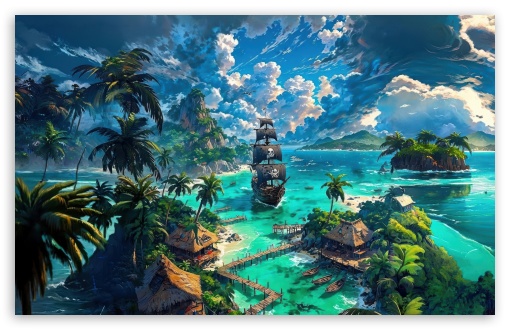 Pirate Ship, Tropical Paradise Artwork UltraHD Wallpaper for UHD 16:9 ; HD 16:9 ; UltraWide 21:9 24:10 32:9 32:10 ; Widescreen 16:10 5:3 ; Fullscreen 4:3 5:4 3:2 ; Tablet 1:1 ; Mobile 9:16 9:19.5 9:20 10:16 2:3 3:5 3:4 ; Dual 16:10 5:3 16:9 4:3 5:4 3:2 ;