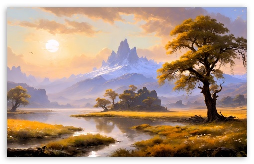Pittoresque Landscape, Peaceful Valley, Painting UltraHD Wallpaper for UHD 16:9 ; HD 16:9 ; UltraWide 21:9 24:10 32:9 32:10 ; Widescreen 16:10 5:3 ; Fullscreen 4:3 5:4 3:2 ; Tablet 1:1 ; Mobile 9:16 9:19.5 9:20 10:16 2:3 3:5 3:4 ; Dual 16:10 5:3 16:9 4:3 5:4 3:2 ;