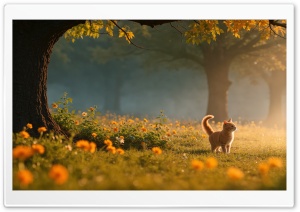 Playful Cats in a Flower Filled Forest Clearing 4K UHD Wallpaper for Widescreen and UltraWide Desktop, UltraHD TV, Smartphone, Tablet