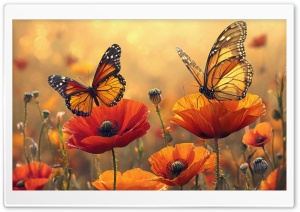 Poppies, Butterfly, Monarch Butterfly, Flowers, Field 4K UHD Wallpaper for Widescreen and UltraWide Desktop, UltraHD TV, Laptop, Tablet, Smartphone