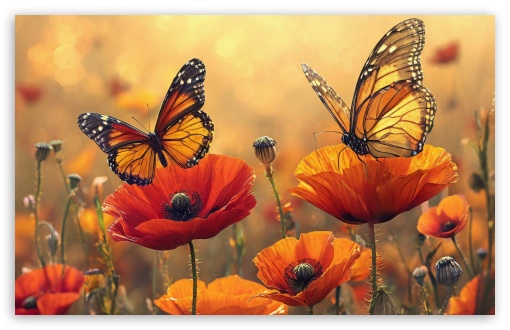 Poppies, Butterfly, Monarch Butterfly, Flowers, Field UltraHD Wallpaper for UHD 16:9 ; HD 16:9 ; UltraWide 21:9 24:10 ; Widescreen 16:10 5:3 ; Fullscreen 4:3 5:4 3:2 ; Tablet 1:1 ; Mobile 9:16 9:19.5 9:20 9:21 9:22 10:16 2:3 3:5 3:4 ;