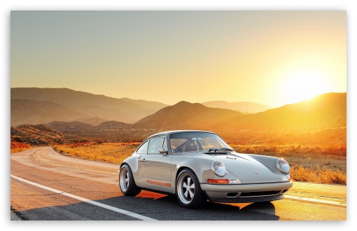 4k, 16:9 wallpaper for a pc, porsche 911 on a road with sunset