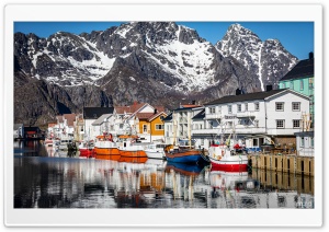 Port de Henningsvaer, Fishing Village, Norway, Lofoten, Mountains 4K UHD Wallpaper for Widescreen and UltraWide Desktop, UltraHD TV, Smartphone, Tablet