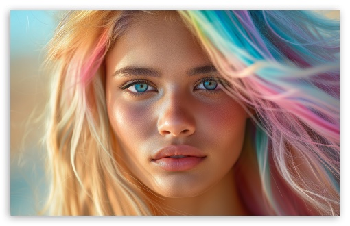 Portrait of a Blonde Girl with Colored Strands and Blue Eyes UltraHD Wallpaper for UHD 16:9 ; HD 16:9 ; UltraWide 21:9 24:10 32:9 32:10 ; Widescreen 16:10 5:3 ; Fullscreen 4:3 5:4 3:2 ; Tablet 1:1 ; Mobile 9:16 9:19.5 9:20 10:16 2:3 3:5 3:4 ; Dual 16:10 5:3 16:9 4:3 5:4 3:2 ;