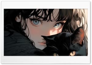Portrait of a Girl and Her Black Cat Up Close Illustration 4K UHD Wallpaper for Widescreen and UltraWide Desktop, UltraHD TV, Smartphone, Tablet