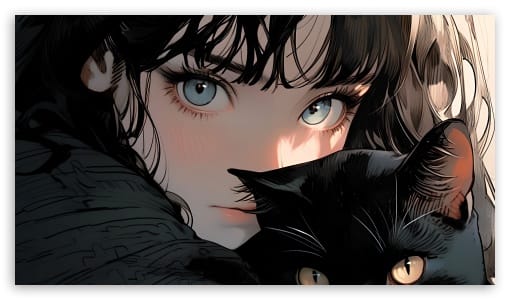 Portrait of a Girl and Her Black Cat Up Close Illustration UltraHD Wallpaper for UHD 16:9 ; HD 16:9 ;