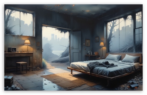 Post-apocalyptic Room, House, Art UltraHD Wallpaper for UHD 16:9 ; HD 16:9 ; UltraWide 21:9 24:10 32:9 32:10 ; Widescreen 16:10 5:3 ; Fullscreen 4:3 5:4 3:2 ; Tablet 1:1 ; Dual 16:10 5:3 16:9 4:3 5:4 3:2 ;